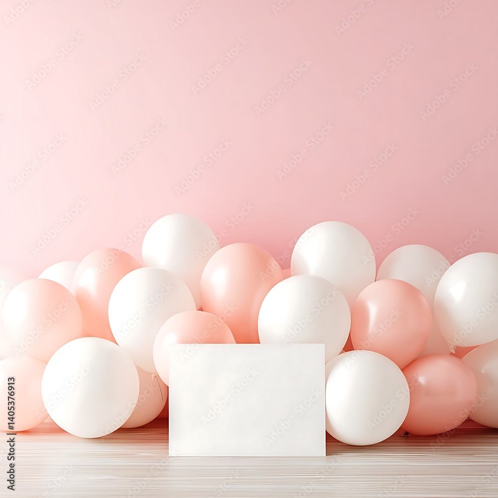 Fototapeta premium Pink and White Balloons with Blank Card of excellence in splendor beyond compare with grace.