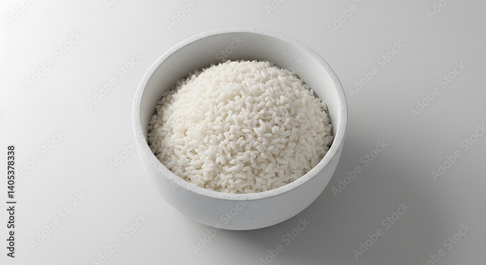 A top view of a white bowl filled with a generous portion of fluffy white rice on a white background