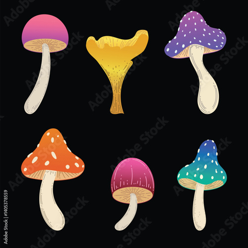 Set of magic mushrooms. Vector flat illustration. Isolated on black background. Great for various designs: psychedelic art and meditation related.