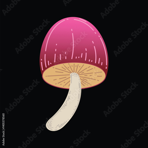 Magic mushroom. Vector flat illustration. Isolated on black background. Great for various designs: psychedelic art and meditation related.