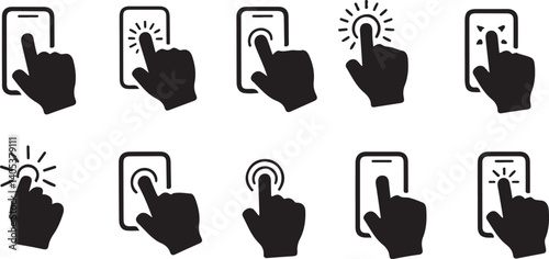Touch screen gesture icons set Hand finger tap, click, swipe motion symbol for smartphone UI UX, app interface, mobile device vector