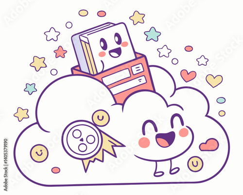 Cloud with happy characters and books celebrating creativity  