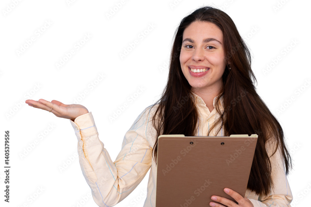 Young businesswoman is holding a clipboard and gesturing with her hand showing something on a transparent background Young businesswoman is holding a clipboard and gesturing with her hand showing something on a transparent background