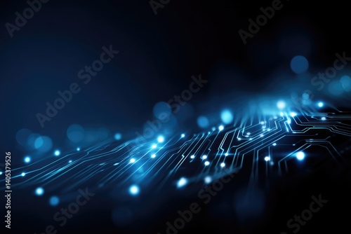 Futuristic business data technology banner featuring a blue abstract background, showcasing circuit board lines that connect in a structured design against a dark blue contrast.