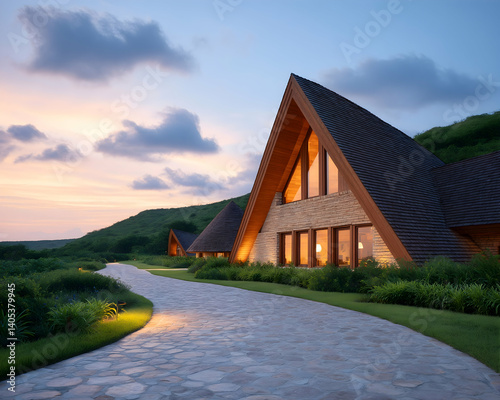 Modern A-frame houses on hillside at sunset, illuminated pathway. Generative AI