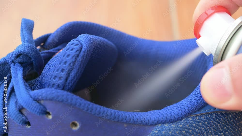 spraying disinfectant and deodorant into a shoe at horizontal composition