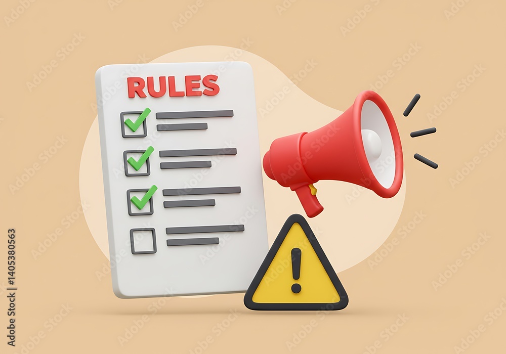 Rules Checklist with Warning Sign and Megaphone – Compliance and Alerts