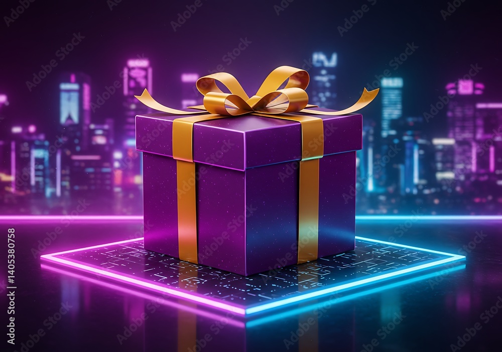 Futuristic Gift Box With Golden Ribbon on Glowing Neon Grid