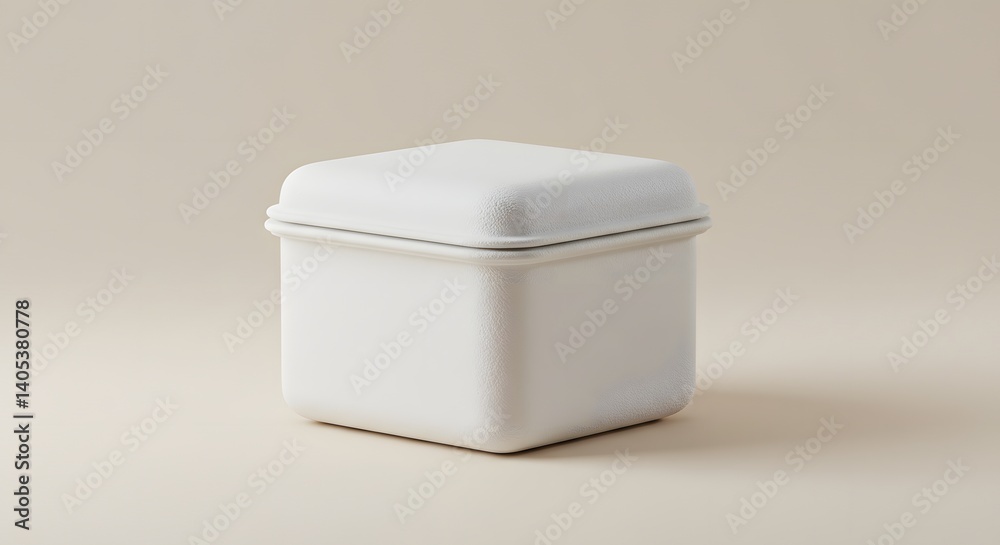 A simple studio shot of a white square container with lid on a neutral background showing clean lines A simple studio shot of a white square container with lid on a neutral background showing clean lines
