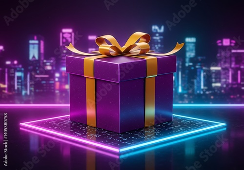 Obraz na płótnie Futuristic Gift Box With Golden Ribbon on Glowing Neon Grid w salonie