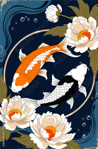 An orange and white koi fish swimming in a pond with a blue background. The fish is surrounded by lotus flowers, which give the scene a whimsical and playful feel	