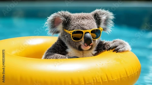 Wallpaper Mural In a pool, a koala is seen relaxing on a yellow inflatable ring, sporting sunglasses and capturing the essence of summer vibes. Close-up view with copy space. Banner vacation and summer holiday Torontodigital.ca