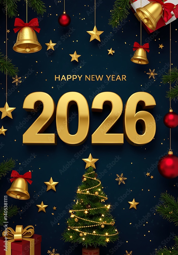 Festive 2026 New Year Greeting with Gold and Red Decorations