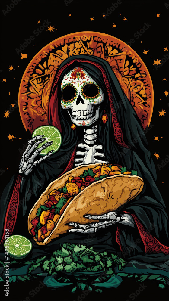 Fototapeta premium Santa Muerte with Tacos. Santa Muerte holding tacos, celebrating Dia de los Muertos with limes and cilantro, showcasing Mexican culture.