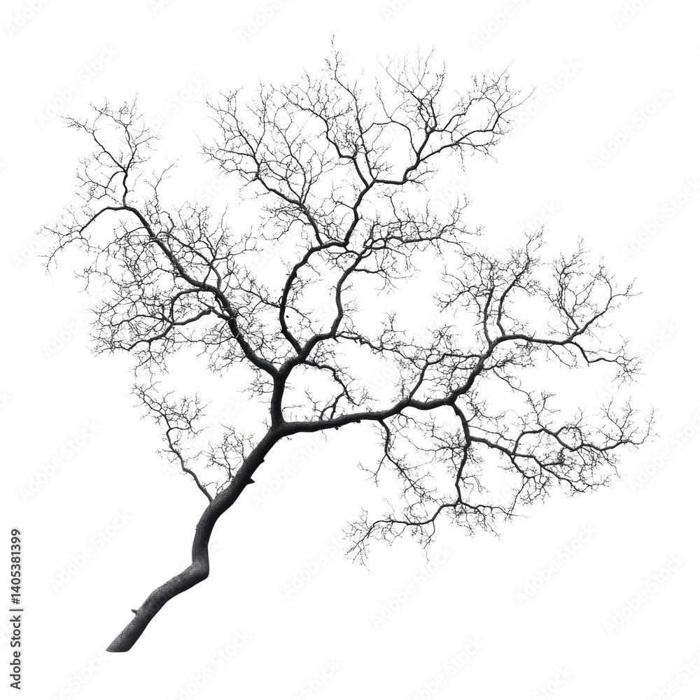 Fototapeta premium Black and white tree branches with intricate patterns isolated on transparent background, cutout png