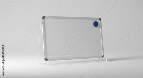 A close up of a small whiteboard with a blue magnet on a white background in a studio setting