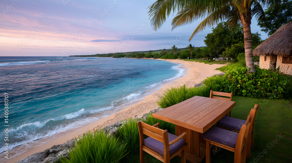 Naklejka premium Tranquil beachfront dining setting at sunset. Generative AI