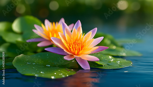 Two vibrant water lilies with orange and purple petals float on calm water, surrounded by lush green lily pads. Generative AI
