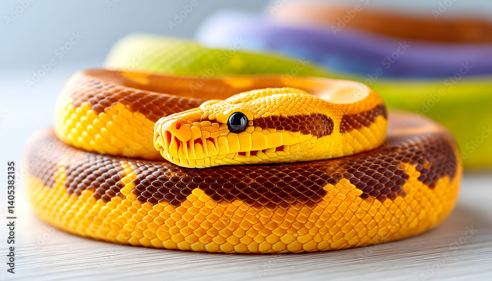 Obraz premium Vibrant orange and brown snake coiled on white surface, blurred colorful snakes in background. Generative AI