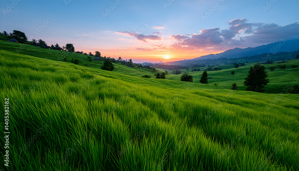 Fototapeta premium Vibrant sunset over rolling green hills and grassy field. Generative AI
