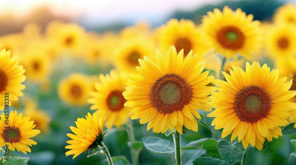 A vibrant field of sunflowers, showcasing their bright yellow petals and brown centers, basking in the sunlight, creating a cheerful and lively atmosphere. A vibrant field of sunflowers, showcasing their bright yellow petals and brown centers, basking in the sunlight, creating a cheerful and lively atmosphere.