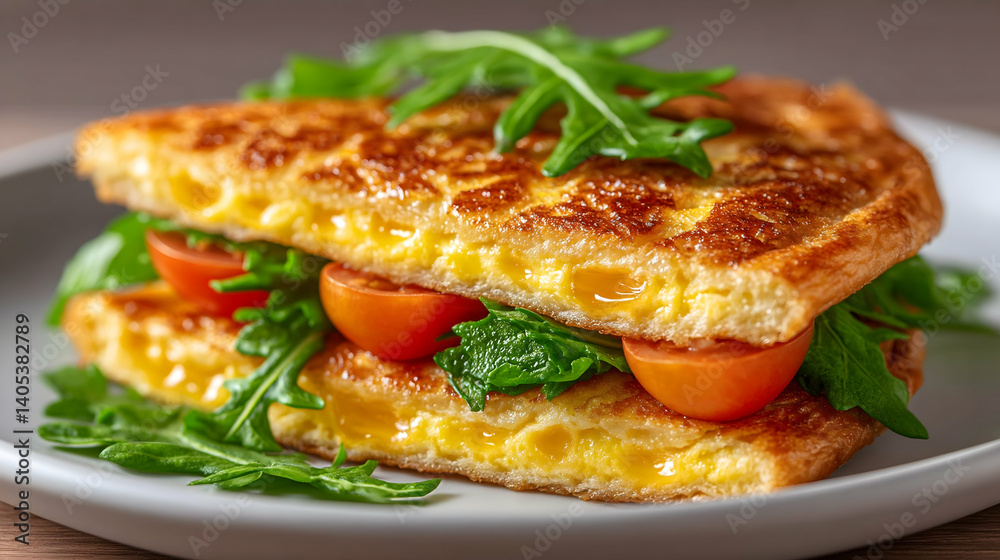 A folded omelette sandwich with cheese, cherry tomatoes, and arugula. Generative AI A folded omelette sandwich with cheese, cherry tomatoes, and arugula. Generative AI