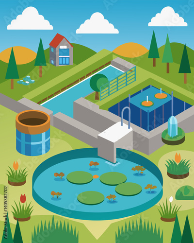 A wastewater treatment plant utilizing constructed wetlands to naturally filter and treat sewage.. Vector illustration