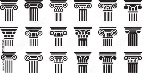 Ancient Greek Roman column vector set Ionic Doric Corinthian classical pillars, architectural elements, historical column capitals icons