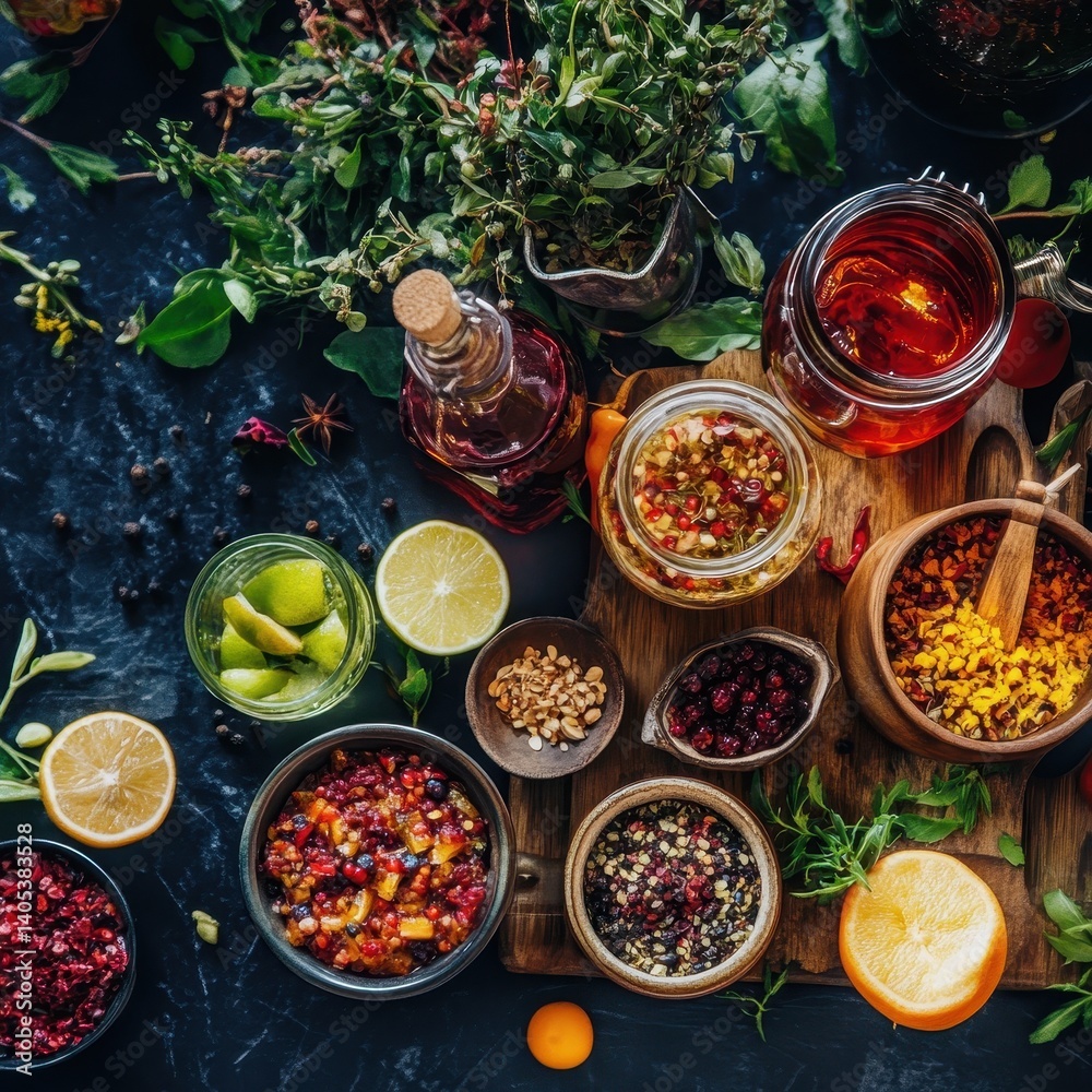 Colorful spice and herb display