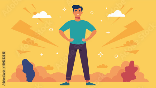 A young man stands tall repeating empowering phrases to build selfconfidence.. Vector illustration