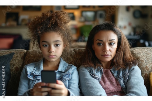 A worried mother looks on as her child stares at her smart phone, encapsulating the complexities of modern parenting. capturing the essence of a relationship in the digital age.