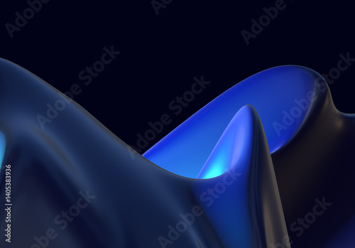 Blue abstract 3D silk liquid chrome metalic blue color wave oil shiny flowing design render wallpaper silver background	
