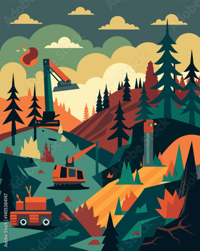 The once peaceful forest now a chaotic scene of destruction as machines work tirelessly to clear the land.. Vector illustration