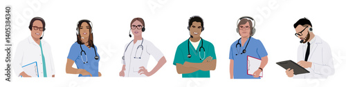 Hospital Call center, medical customer service vector illustrations isolated on white background. Smiling doctors with headsets. Telemedicine, online doctor concept. Diverse medical staff in uniform.
