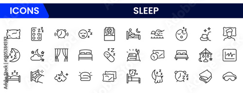 Sleep vector illustration web line icon collection featuring beds, moon, dreams, rest, and relaxation. Perfect for wellness apps, sleep tracking, and health-related digital design projects.