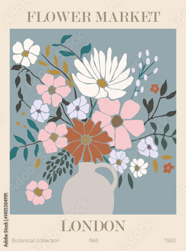 Abstract flower poster - Flower Market London. Trendy botanical wall art with floral design in danish pastel colors. Modern naive groovy funky interior decoration, painting. Vector art illustration.