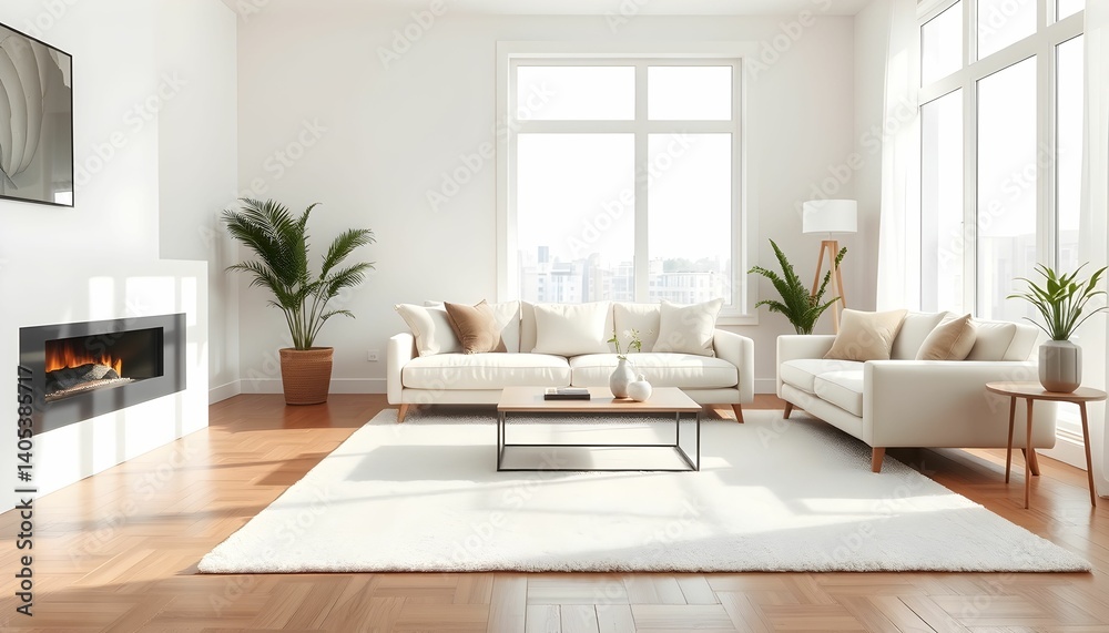 Fototapeta premium Modern minimalist living room, bright natural light, large windows, white brick walls, wooden floors, L-shaped white sofa, potted plants, coffee table, area rug, fireplace, clean aesthetic