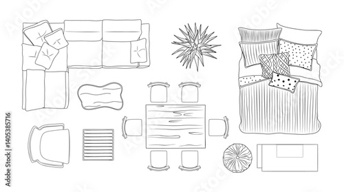 Furniture outline Top view Set Vector isolated.
