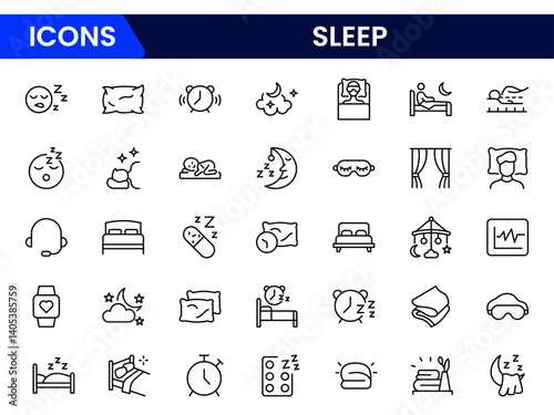 Sleep vector illustration web line icon collection featuring beds, moon, dreams, rest, and relaxation. Perfect for wellness apps, sleep tracking, and health-related digital design projects.