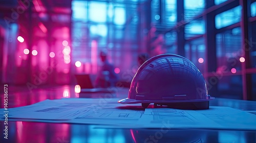 Modern construction site safety helmet atop blueprints.