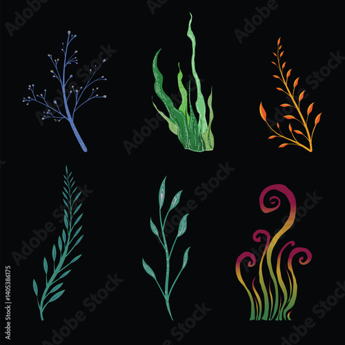 Magical plants set. Vector flat illustration. Isolated on black background. Great for various designs: psychedelic, meditation, fairy tales and posters.	
