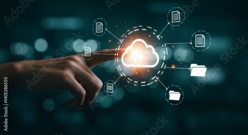 Hand Touching a Holographic Cloud Computing Icon with Connected Document and Folder Symbols, Representing Data Storage and Network Connectivity.