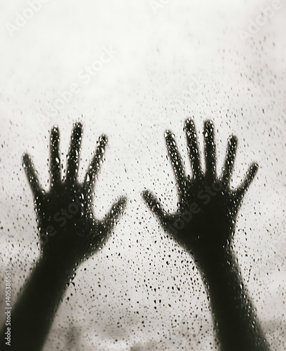 Silhouetted hands press against a rain-covered glass, creating a haunting, emotional scene in black and white, evoking isolation or longing.