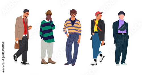 Set of Street fashion men vector illustrations. 
