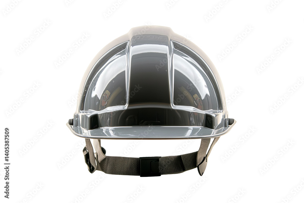 Fototapeta premium Frontal view of a gray safety helmet with a clear visor and adjustable straps, set against a transparent background