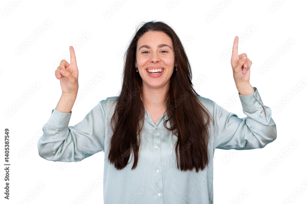 Young businesswoman pointing up with index fingers and smiling, isolated on transparent background Young businesswoman pointing up with index fingers and smiling, isolated on transparent background