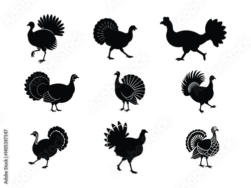 Set of turkey silhouette vector illustration.