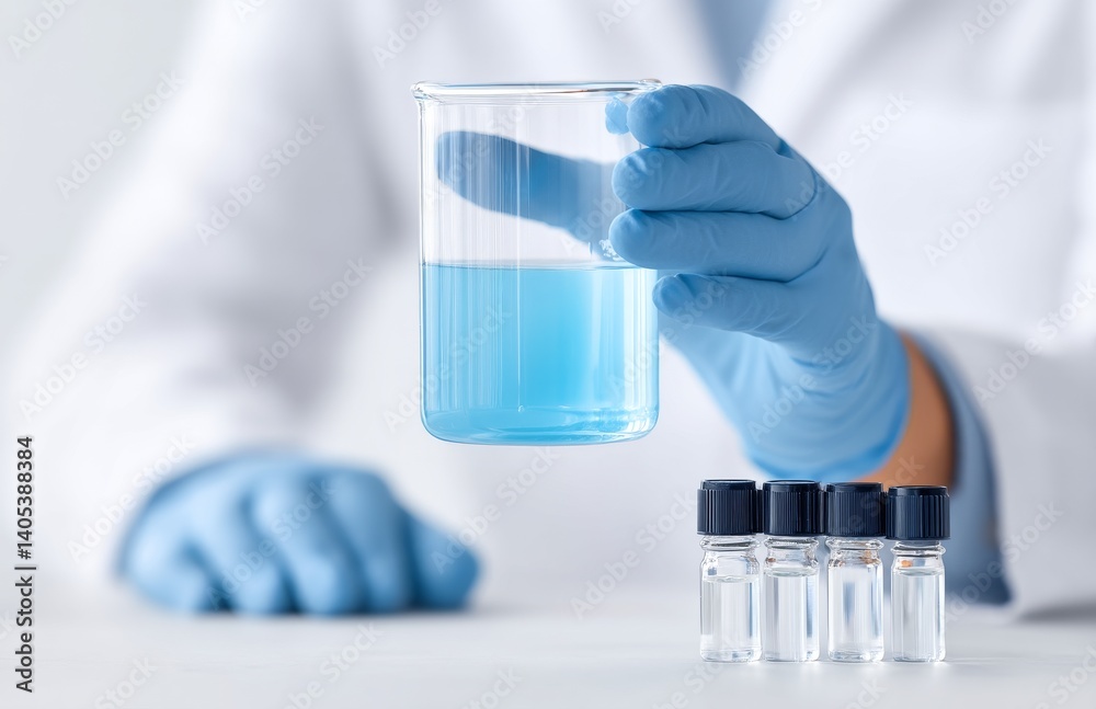 Scientist in Blue Gloves Holding a Beaker with Blue Liquid in a Laboratory Setting