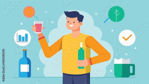 A man setting a goal to decrease his alcohol consumption and successfully sticking to a moderate drinking routine noticing improvements in his overall health and wellbeing.. Vector illustration