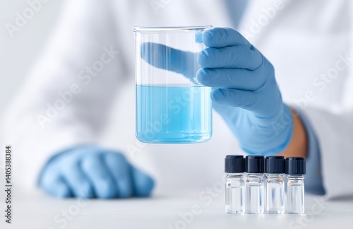 Scientist in Blue Gloves Holding a Beaker with Blue Liquid in a Laboratory Setting
